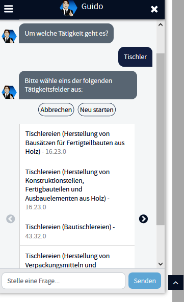 Hilfe bei der Beschreibung der Tätigkeit durch einen Chatbot