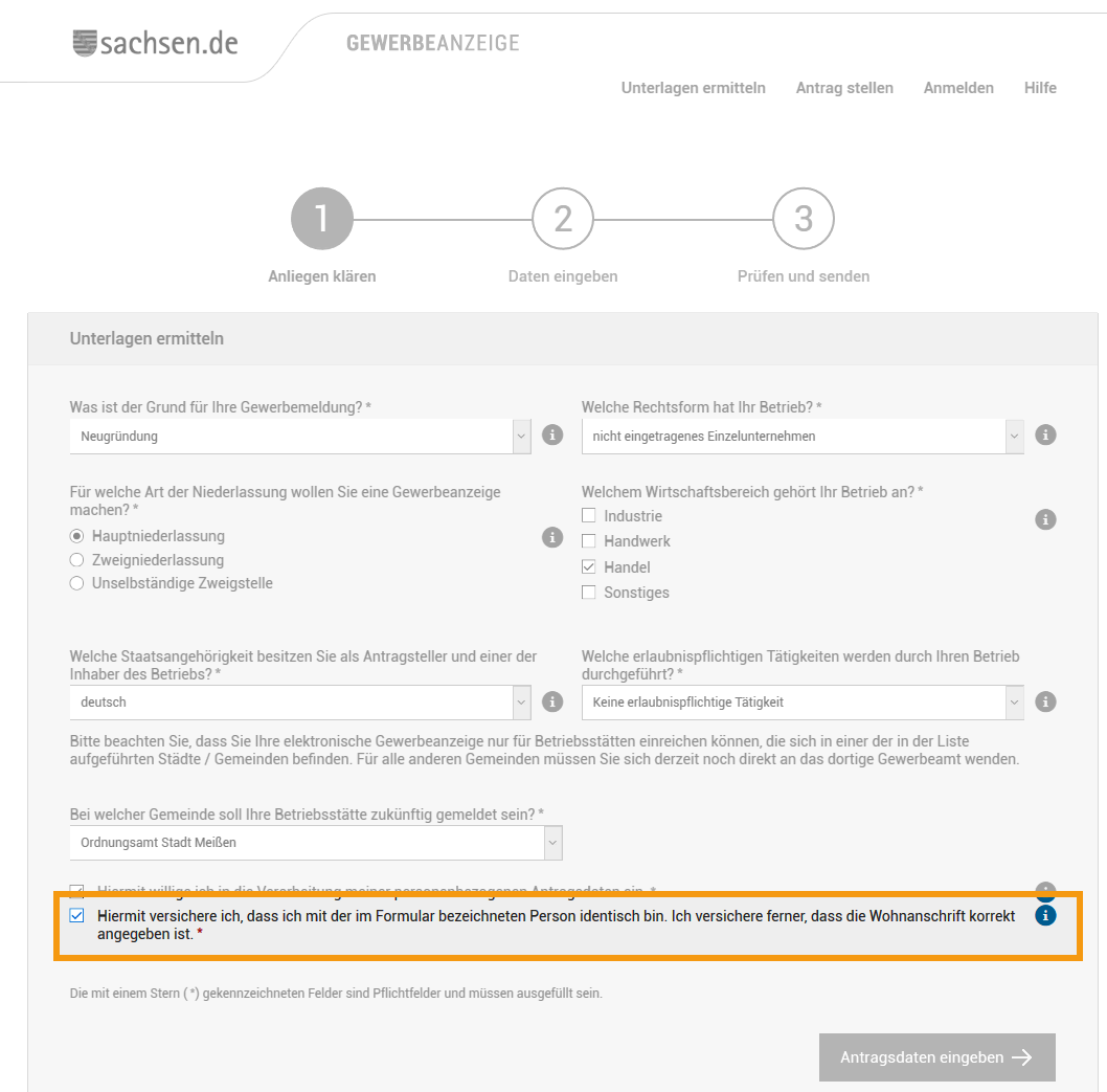 Identifizierung mittels Identitätserklärung